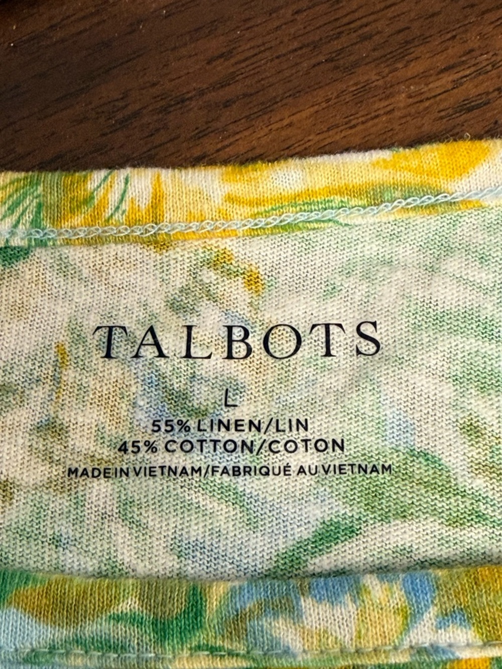 Talbots Floral Linen Blend Top Blue Yellow Short Sleeve Summer Shirt L - Picture 7 of 9